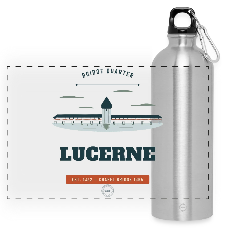 Lucerne badge on a panoramic drinks bottle with carabiner 750 ml, silver