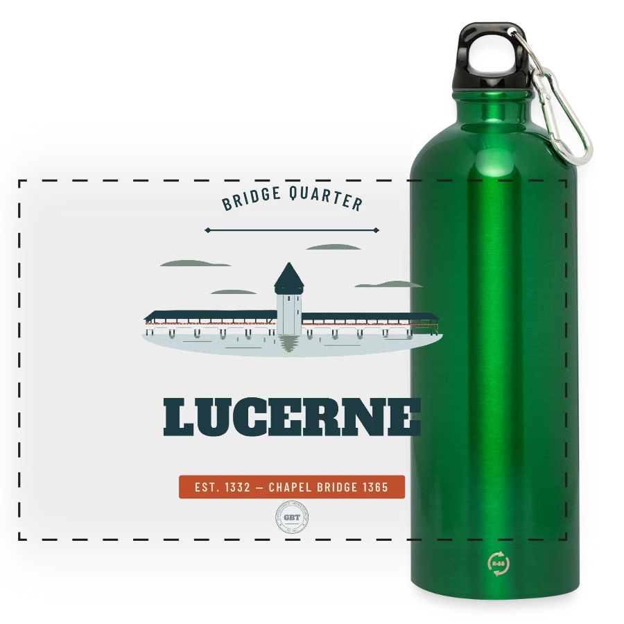 Lucerne badge on a panoramic drinks bottle with carabiner 750 ml, kelly green