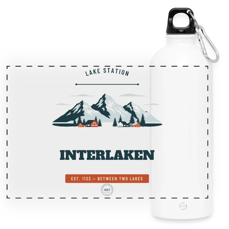 Interlaken badge on a panoramic drinks bottle with carabiner 750 ml