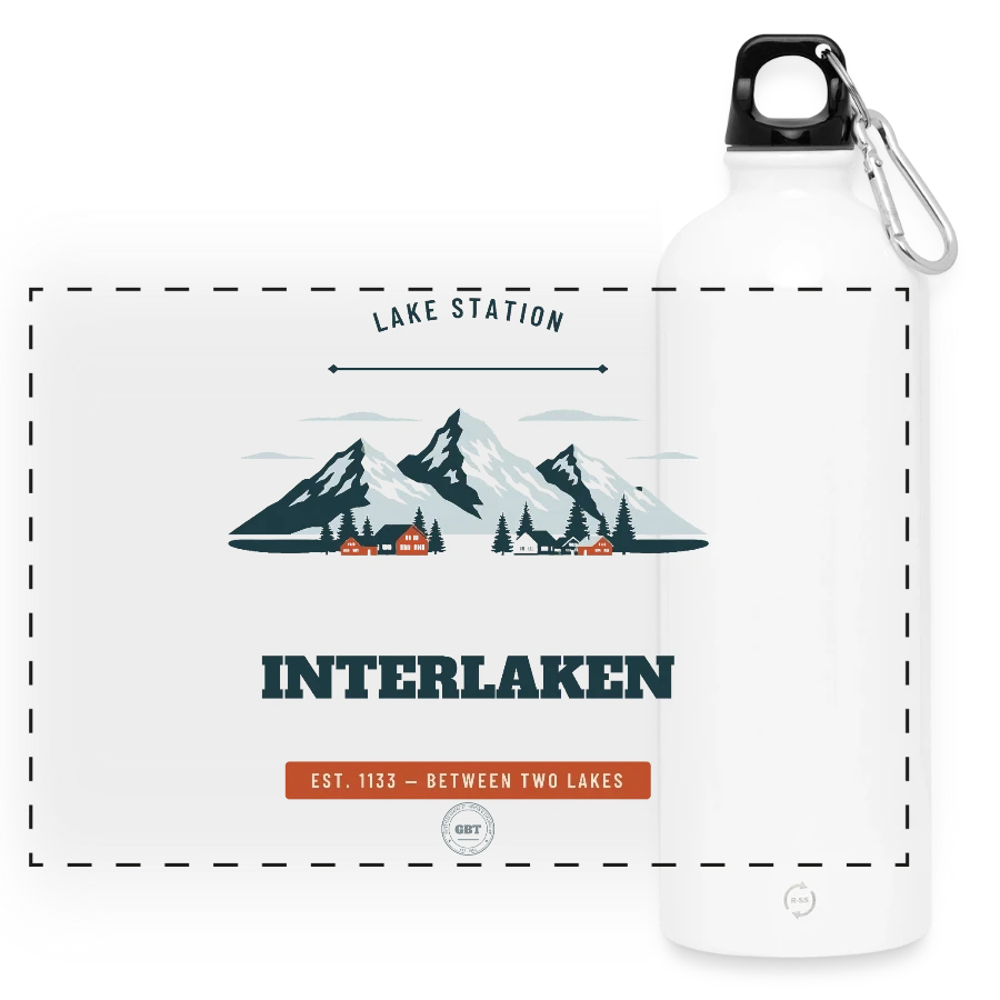 Interlaken badge on a panoramic drinks bottle with carabiner 750 ml, white