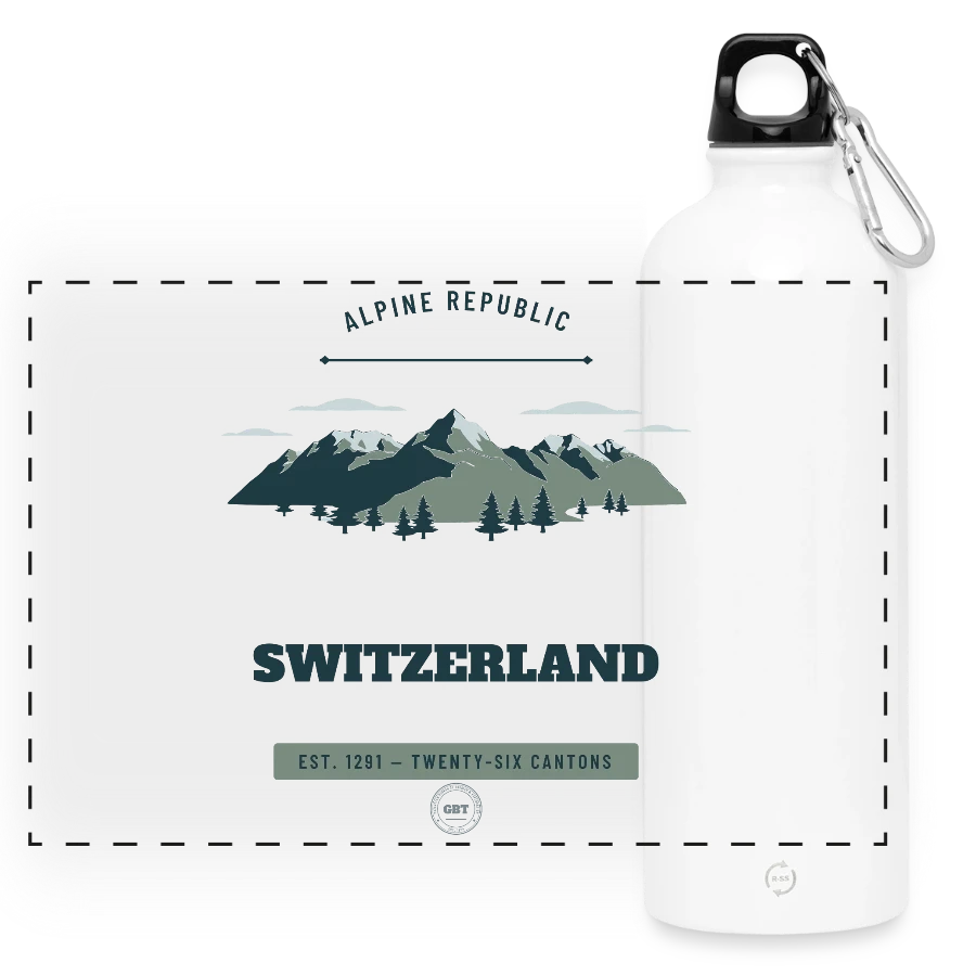 Switzerland badge on a panoramic drinks bottle with carabiner 750 ml, white