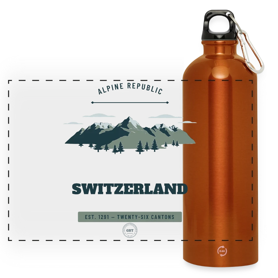 Switzerland badge on a panoramic drinks bottle with carabiner 750 ml, burnt orange