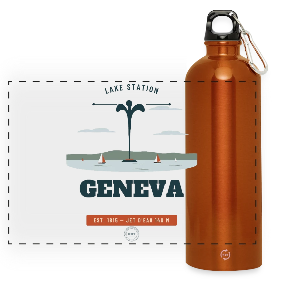 Geneva badge on a panoramic drinks bottle with carabiner 750 ml, burnt orange