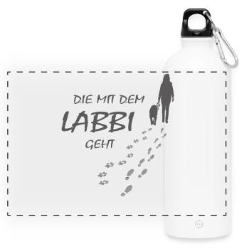 Die mit dem Labbi geht, Hundepfoten Labrador Gassi - Panorama Trinkflasche mit Karabiner 750 ml - Weiß - Vorne