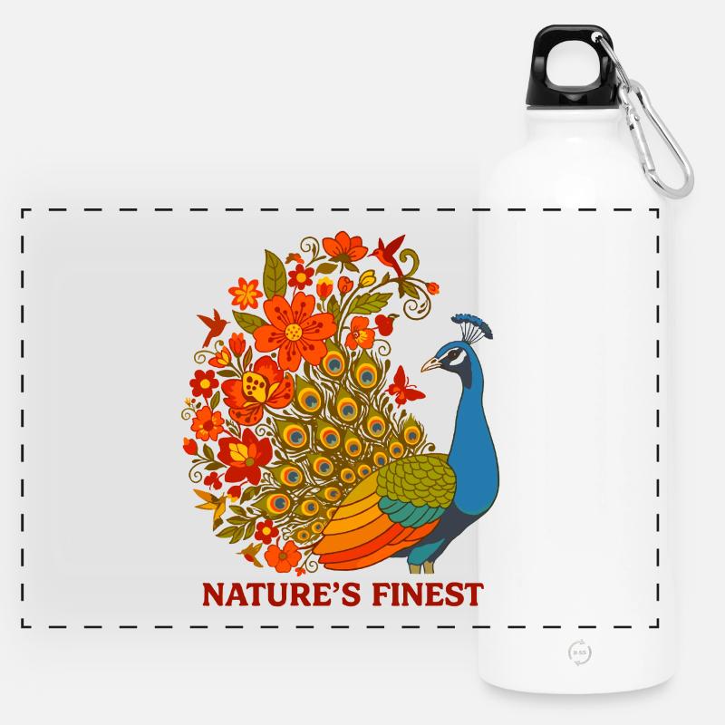 Peacock Floral Nature Botanical - Panoramic Drinks Bottle with Carabiner 750 ml - white