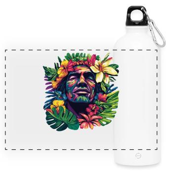 Tropical face head with floral wreath - Panoramic Drinks Bottle with Carabiner 750 ml - white - Front