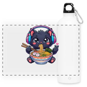 Kawaii Black Cat Ramen K-pop - Panoramic Drinks Bottle with Carabiner 750 ml - white - Front