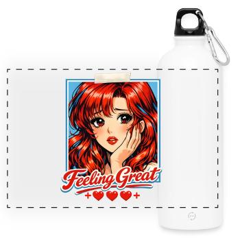 Retro Anime Girl Feeling Great Red Hair Aesthetic - Panorama Trinkflasche mit Karabiner 750 ml - Weiß - Vorne