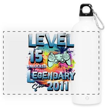 Level 15 Jahre Freigeschaltet seit 2011 Geburtstag - Panorama Trinkflasche mit Karabiner 750 ml - Weiß - Vorne