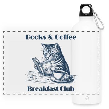 Books & Coffee Cat – Cozy Reader Design - Panoramic Drinks Bottle with Carabiner 750 ml - white - Front