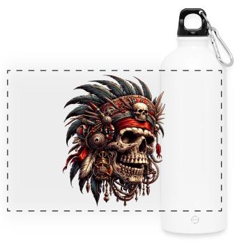 Mystischer Skull Krieger Tribal Design - Panorama Trinkflasche mit Karabiner 750 ml - Weiß - Vorne