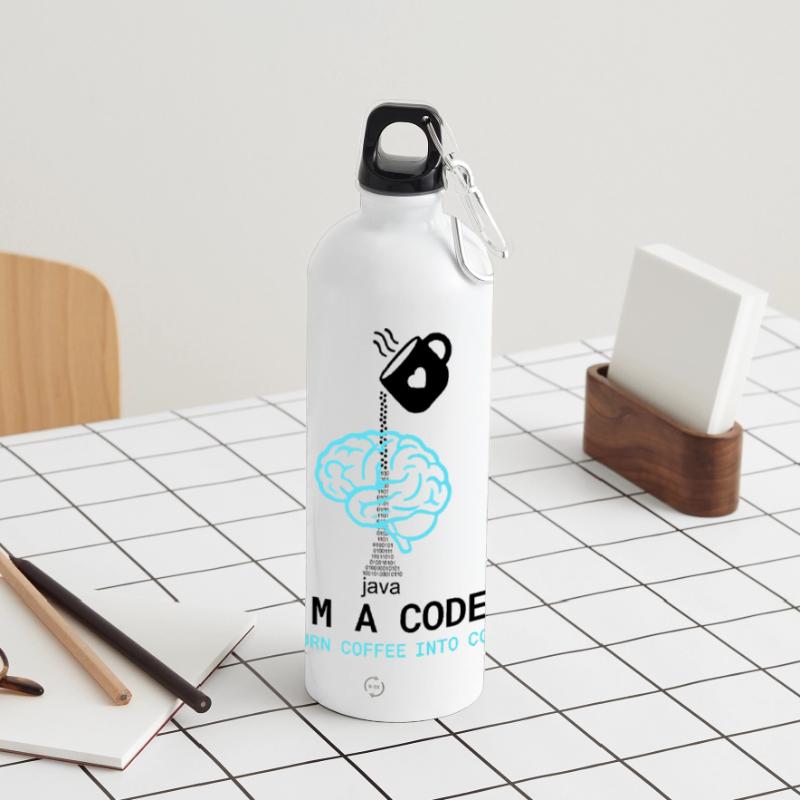 Coder T-Shirt: Coffee into Code – Nerdy Programmie Panoramic Drinks Bottle with Carabiner 750 ml