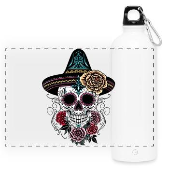 Sugar Skull Halloween Roses Sombrero - Panoramic Drinks Bottle with Carabiner 750 ml - white - Front