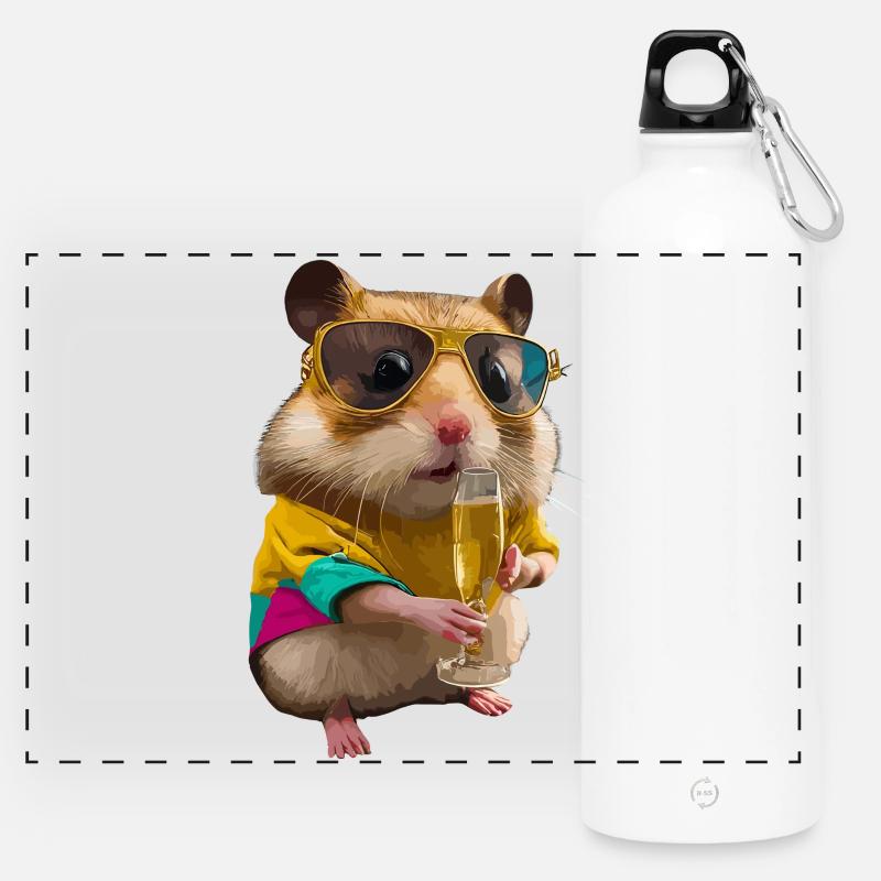 Chilliger Hamster mit Sonnenbrille und Sekt - Panoramic Drinks Bottle with Carabiner 750 ml - white