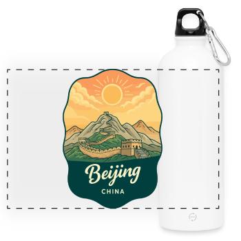 Badge rétro de voyage au coucher de soleil de la Grande Muraille de Pékin - Gourde panoramique avec mousqueton 750 ml - blanc - Devant