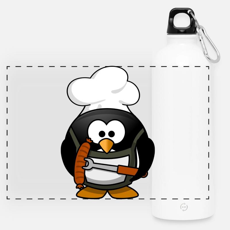 Cooking penguin with grilled sausage - Panoramic Drinks Bottle with Carabiner 750 ml - white