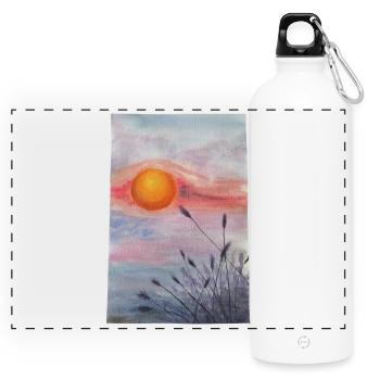 Sunset Over Meadow Wildflowers Grass Wheat - Panoramic Drinks Bottle with Carabiner 750 ml - white - Front