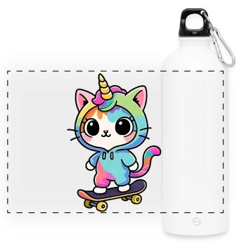 Chat Licorne Arc-en-Ciel Skate - Gourde panoramique avec mousqueton 750 ml - blanc - Devant