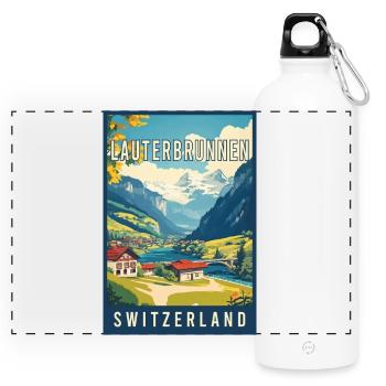 Entdecken Sie majestätische Alpen, Lauterbrunnen, Schweiz - Panorama Trinkflasche mit Karabiner 750 ml - Weiß - Vorne