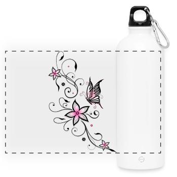 Filigree ornament with butterfly and flowers. - Panoramic Drinks Bottle with Carabiner 750 ml - white - Front