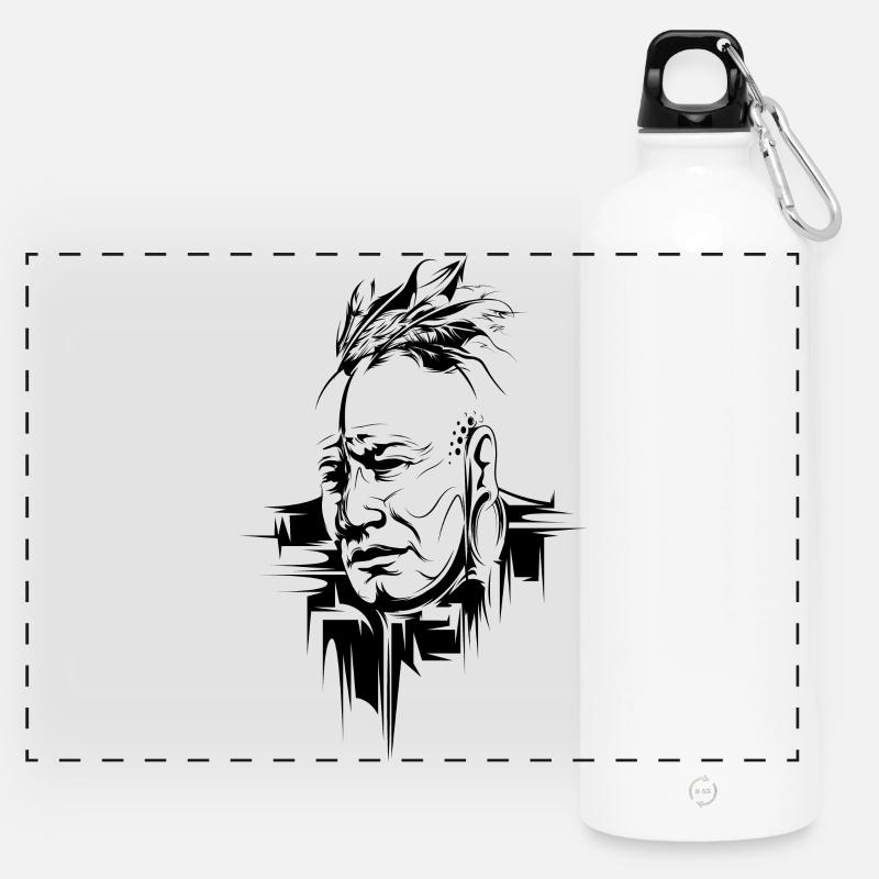 Indian Indian Chief Tattoo Symbol Sketch - Panoramic Drinks Bottle with Carabiner 750 ml - white