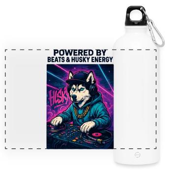 Husky DJ – Urban Streetwear mit Beats Energy - Panorama Trinkflasche mit Karabiner 750 ml - Weiß - Vorne