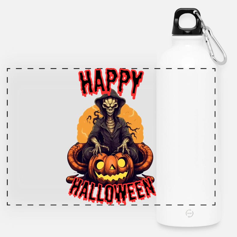 Creepy Halloween Hat Killer with Pumpkins - Panoramic Drinks Bottle with Carabiner 750 ml - white