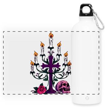 Kerzenständer, Menschenschädel, Rosenblüte - Panorama Trinkflasche mit Karabiner 750 ml - Weiß - Vorne