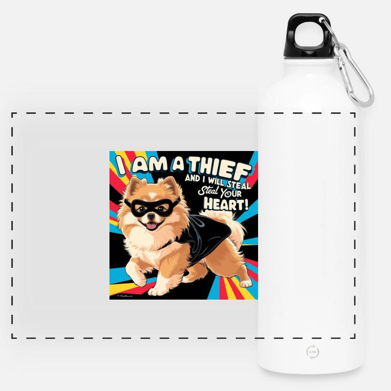 Comicstyle Pomeranian Dog "I am a thief" - Panoramic Drinks Bottle with Carabiner 750 ml - white