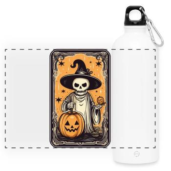 Tarot Hexen Skelett Karte mit Kürbis - Panorama Trinkflasche mit Karabiner 750 ml - Weiß - Vorne