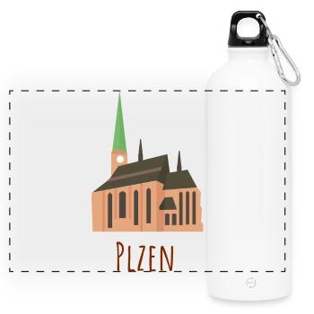 Historische Plzen Kathedrale Illustration - Panorama Trinkflasche mit Karabiner 750 ml - Weiß - Vorne