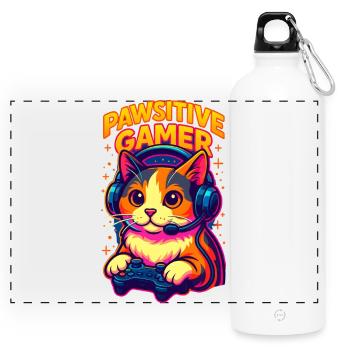 Chat gamer dynamique avec casque, j'adore les chats - Gourde panoramique avec mousqueton 750 ml - blanc - Devant