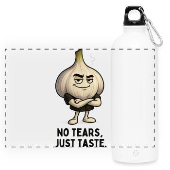 Knoblauch -  No Tears Just Taste Karikatur  - Panorama Trinkflasche mit Karabiner 750 ml - Weiß - Vorne