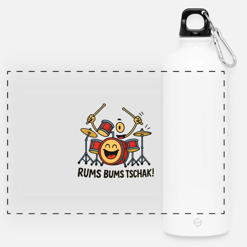 Cheerful Drum Motif with Text - Panoramic Drinks Bottle with Carabiner 750 ml - white