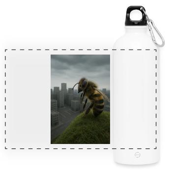 Giant bee over city roof - Panoramic Drinks Bottle with Carabiner 750 ml - white - Front