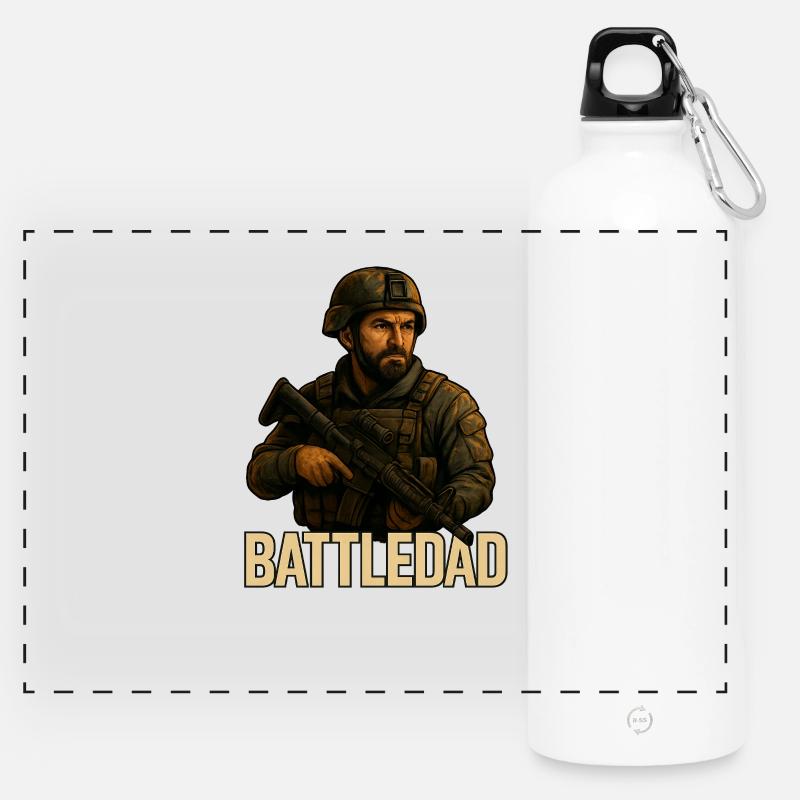 BattleDad – Veteran Gamer Soldier Design - Panoramic Drinks Bottle with Carabiner 750 ml - white