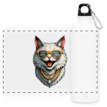 Happy Lady Cat -  Sonnenbrille & Goldketten - Panorama Trinkflasche mit Karabiner 750 ml - Weiß - Vorne