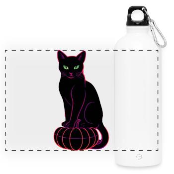 Neon Cat on Black Pumpkin - Panoramic Drinks Bottle with Carabiner 750 ml - white - Front