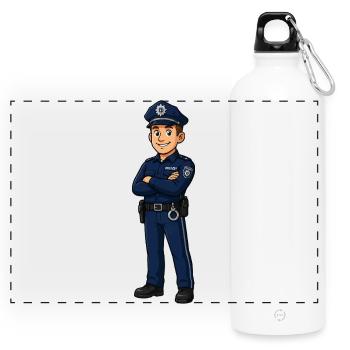 Polizeiheld Cartoon in Blau - Panorama Trinkflasche mit Karabiner 750 ml - Weiß - Vorne
