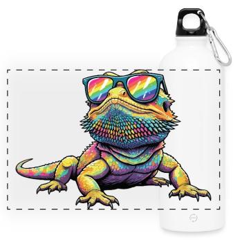 Bearded Dragon Aquarell Pogona Kunst - Panorama Trinkflasche mit Karabiner 750 ml - Weiß - Vorne