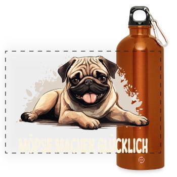 Glück ist… ein Mops im Leben! - Panorama Trinkflasche mit Karabiner 750 ml - Orange - Vorne