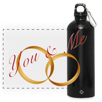 Goldene Ringe mit You & Me Schriftzug - Panorama Trinkflasche mit Karabiner 750 ml - Schwarz - Vorne
