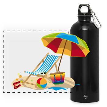 Chaise longue sur la plage - Détente en vacances - Gourde panoramique avec mousqueton 750 ml - noir - Devant