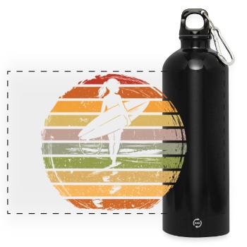 Surferin Mädchen Retro Vintage Sonnenuntergang - Panorama Trinkflasche mit Karabiner 750 ml - Schwarz - Vorne