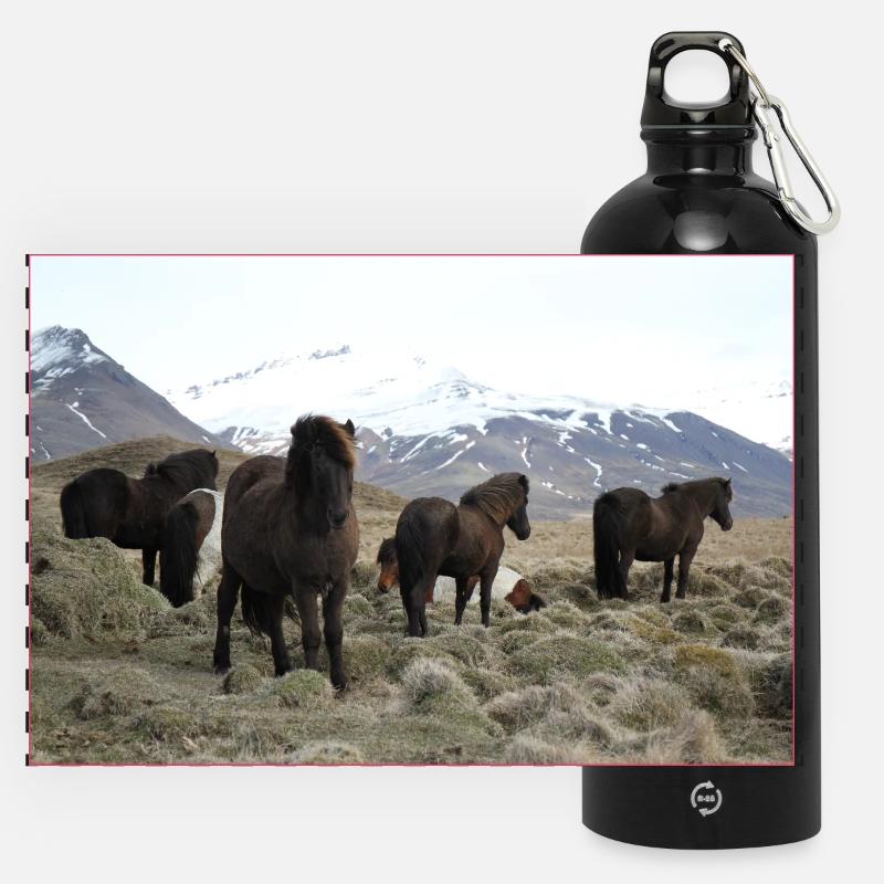 Islandpferde - Panorama Trinkflasche mit Karabiner 750 ml - Schwarz