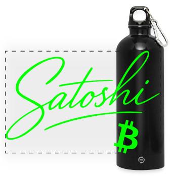Satoshi Lettering Bitcoin Neon Motif Crypto Fan - Panoramic Drinks Bottle with Carabiner 750 ml - black - Front