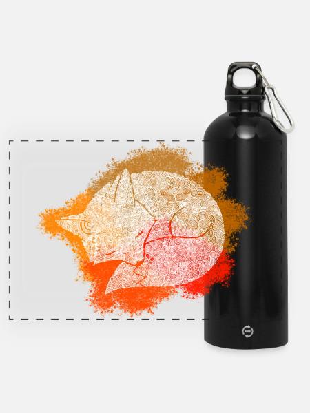 Zentangle Fuchs - Panorama Trinkflasche mit Karabiner 750 ml - Schwarz