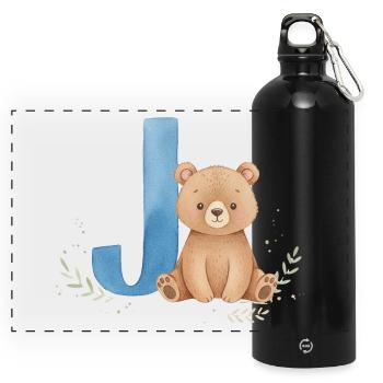 J and Teddy Bear Watercolor Design - Panoramic Drinks Bottle with Carabiner 750 ml - black - Front