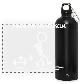 Strichmännchen PAUSE FÜR DIE MUSKELN Lustig - Panorama Trinkflasche mit Karabiner 750 ml - Schwarz - Vorne