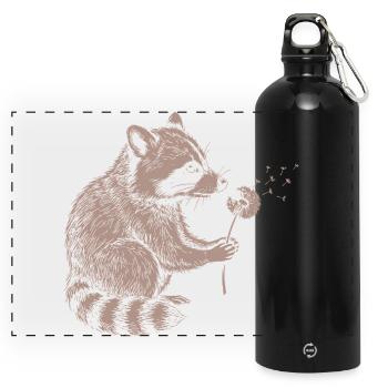 Whimsical Raccoon Dandelion Vintage Sketch Animal - Panorama Trinkflasche mit Karabiner 750 ml - Schwarz - Vorne